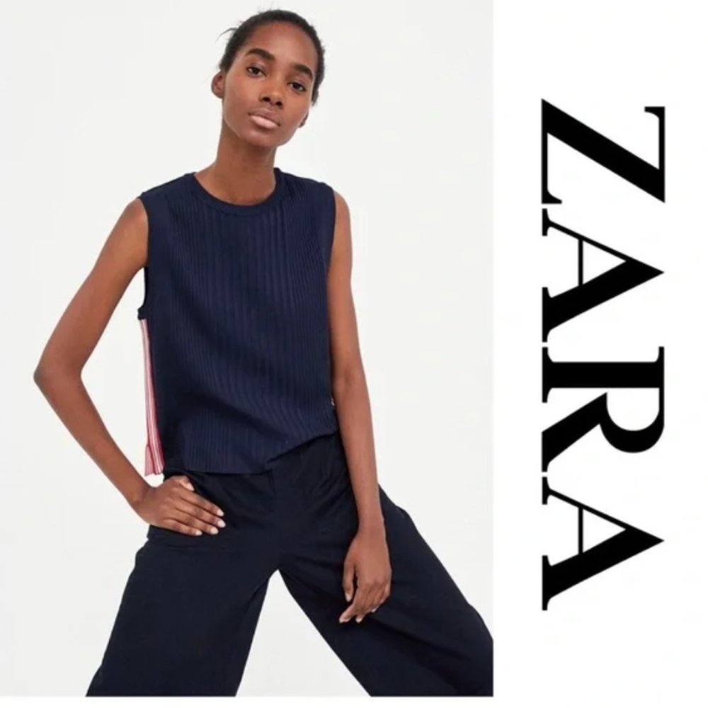 Zara | Knit Blue Red Sparkle Side Stripe Tank Top | Sz Small